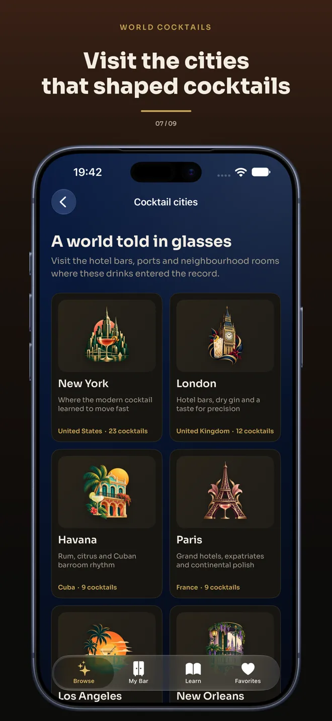 World Cocktails app showing cocktail cities
