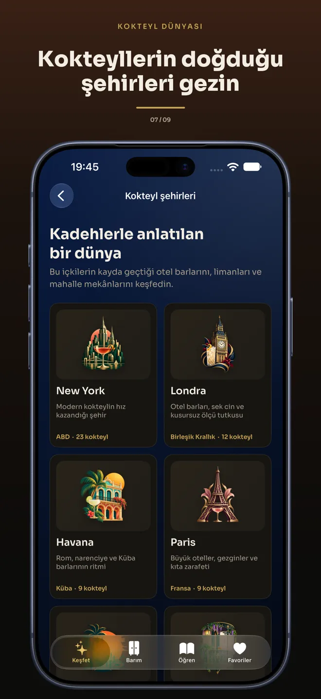 World Cocktails uygulamasında kokteyl şehirleri