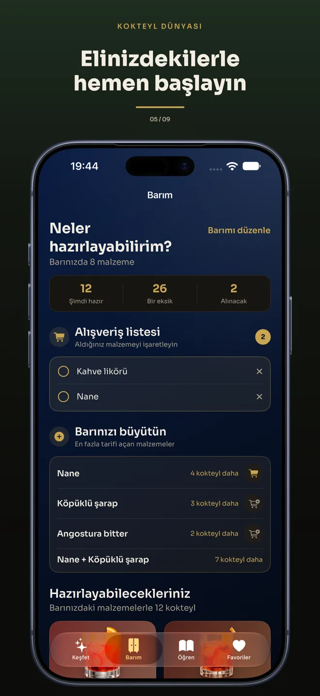 World Cocktails uygulamasında Barım ekranı